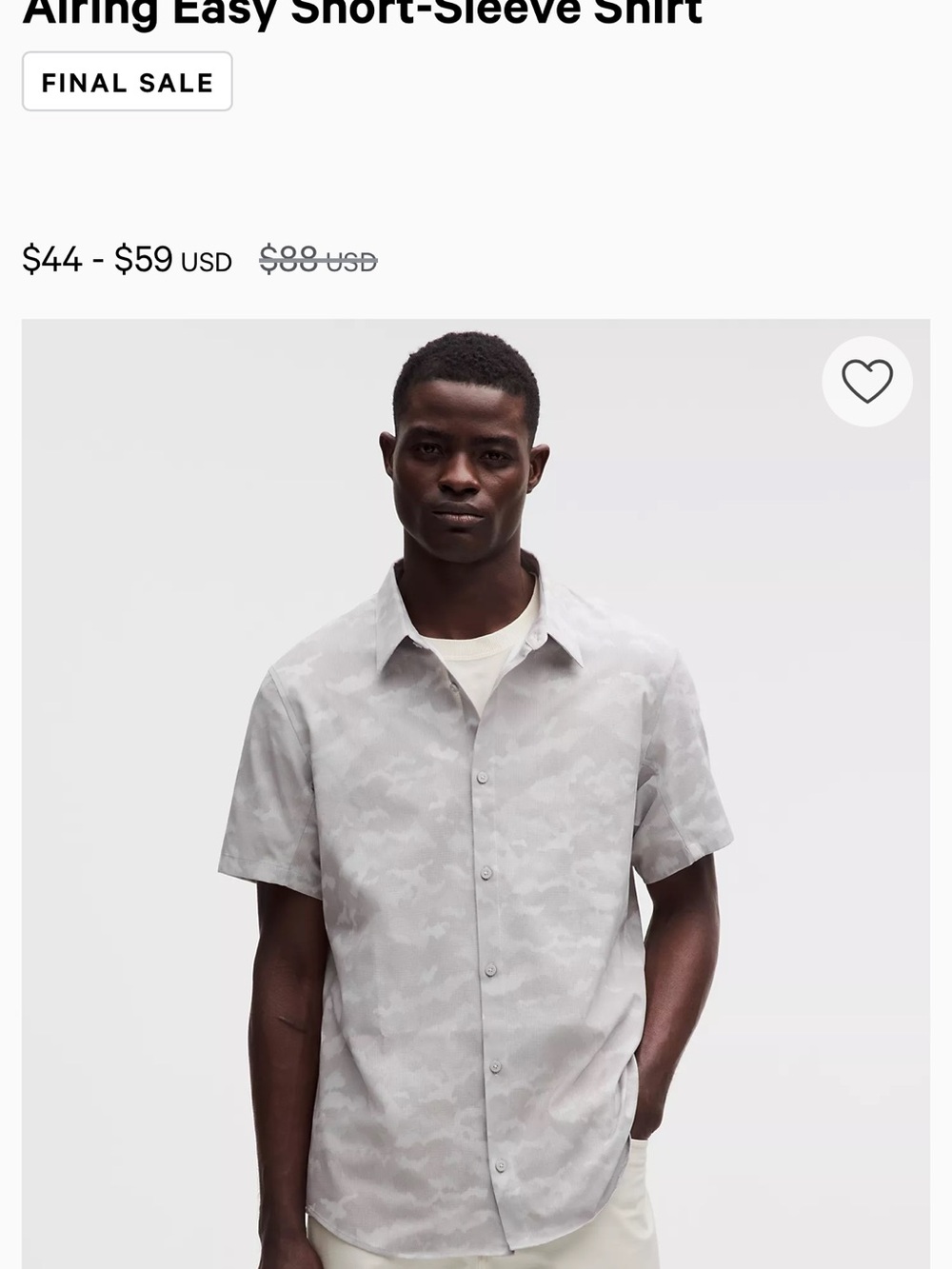 NWT Men’s size small lululemon Light Gray Camo Short-Sleeve Button-Down Shirt